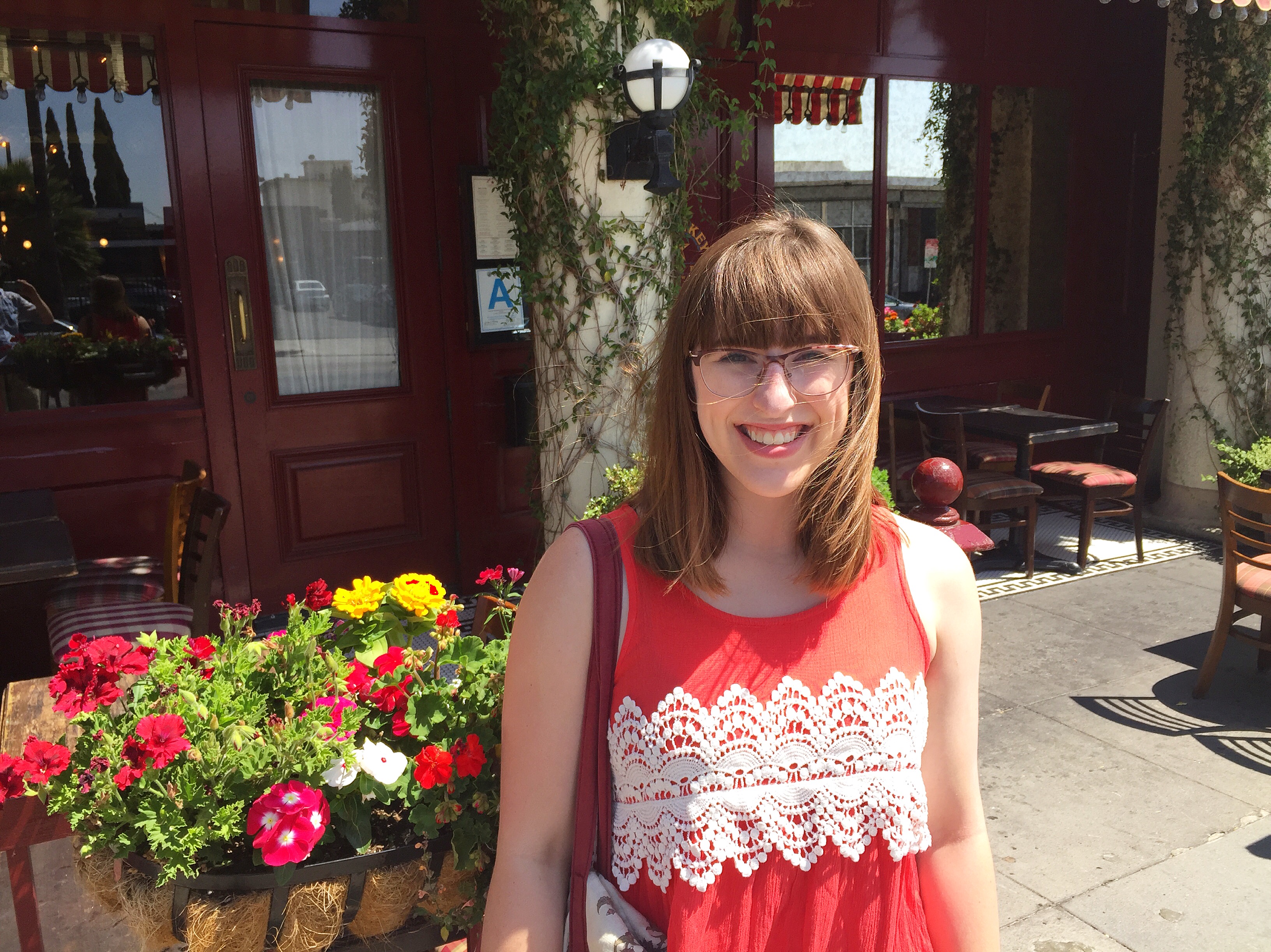 flower boxes and sun dresses at a coffee shop in Los Angeles