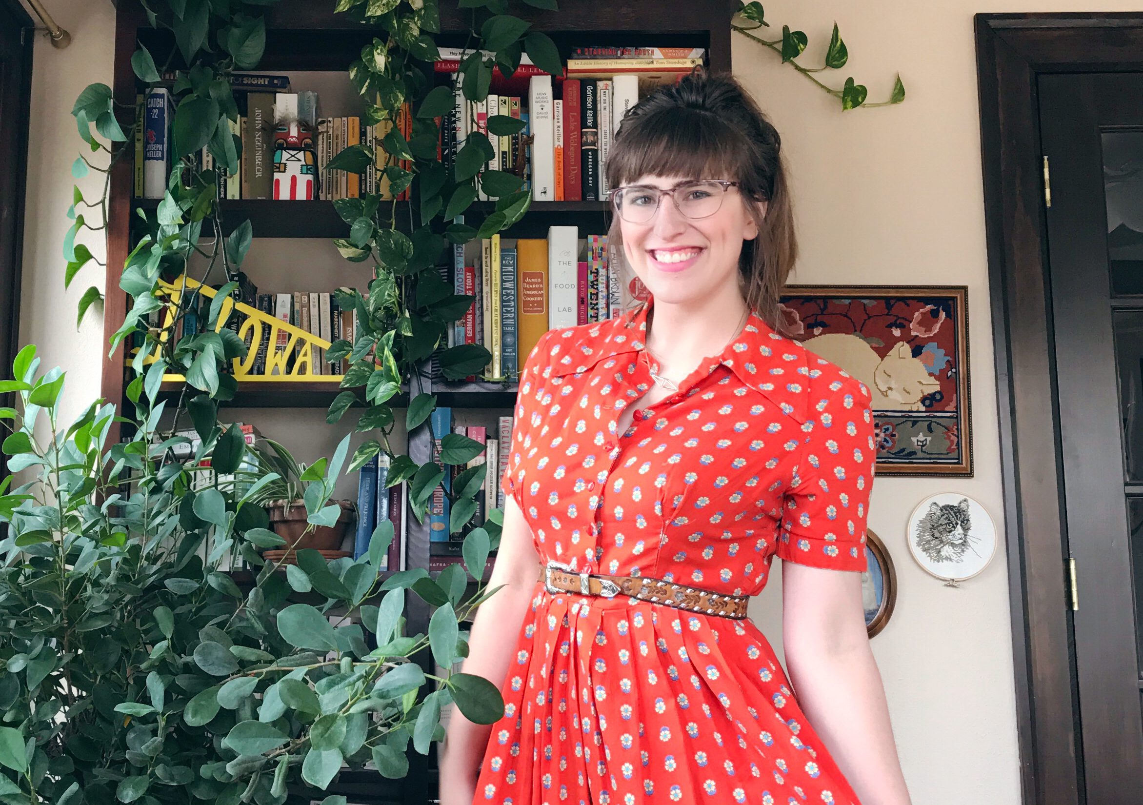 vintage orange summer sun dress styled with a hammered leather belt